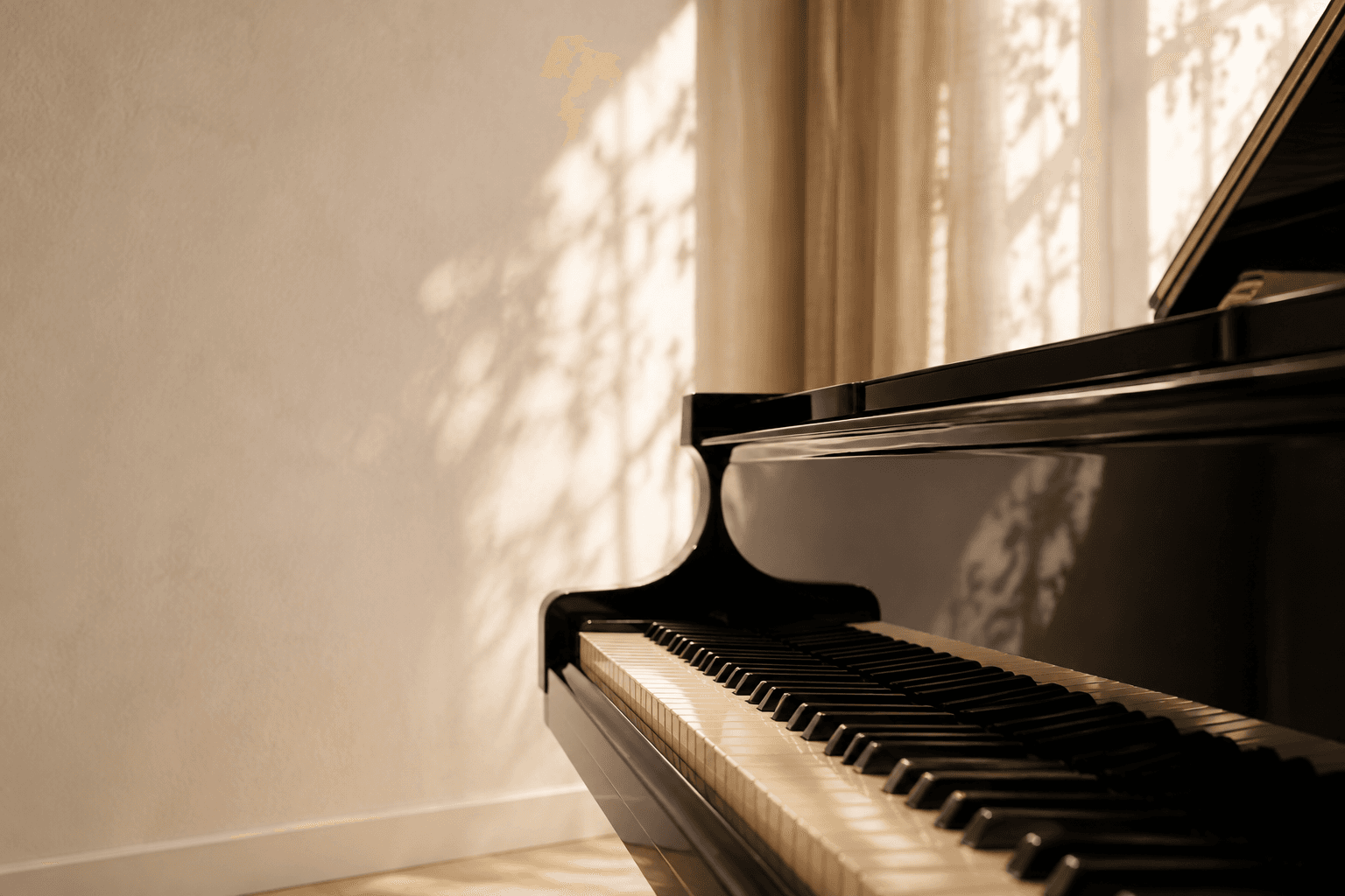 A sunlit grand piano
